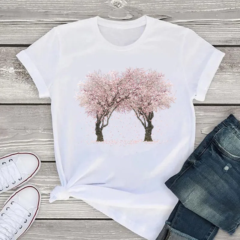 

2022 Sakura Art Printed Casual Women Tshirt Summer Harajuku T Shirts Streetwear 90s Plus Size White Tops Femme Graphic Tees