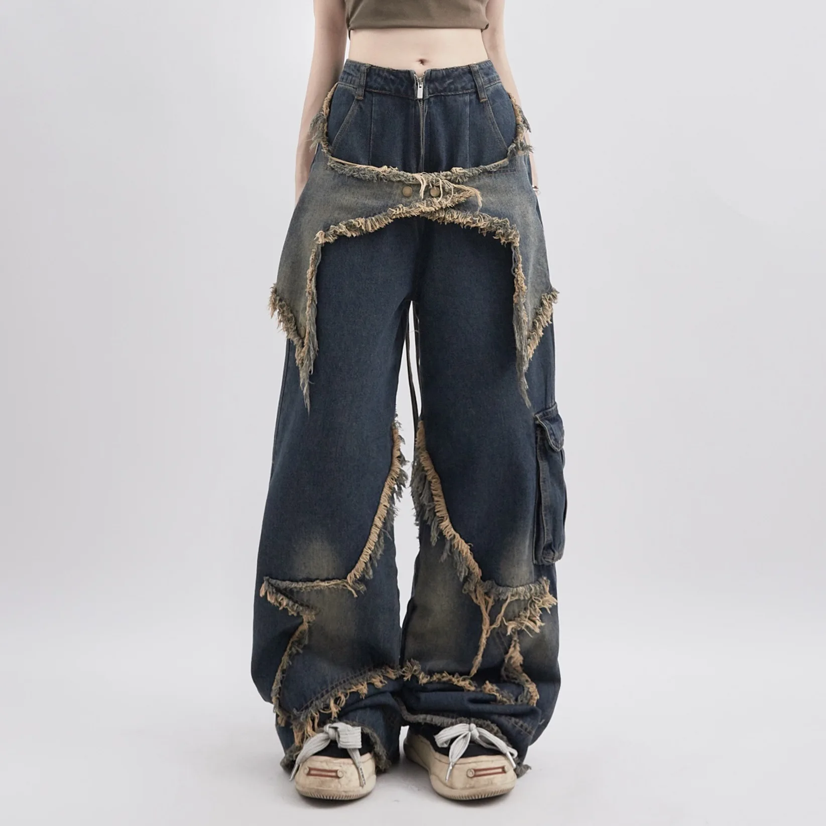 

Women's Designer Fashion Slimming Jeans 2026 Spring Best Seller Vintage Star Patch Washed High Waist Straight Wide Leg Pants