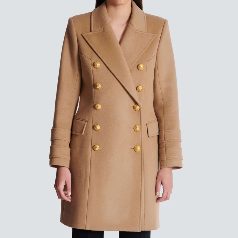 Classic double breasted camel colored long women's wool coat custom cashmere blend winter warm and fashionable slim fit coat