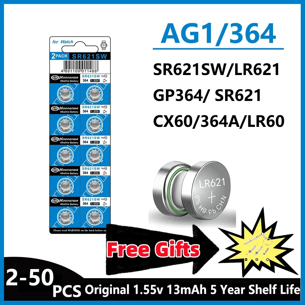 High Capacity 5-50PCS SR621SW AG1 LR621 364 363 LR60 164 1.5V Alkaline Coin Silver Button Coin Watch Battery With 1pcs gift