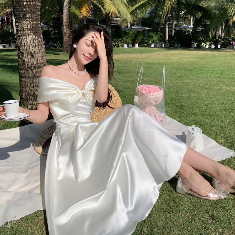 Elegant White Fairy Dress with Bow Detail One Shoulder Bridesmaid Long Dress Women's Commuter Style High Waist A-Line Skirt