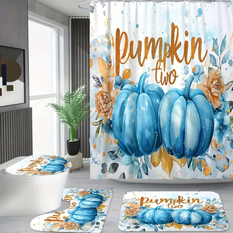 Pumpkin & Floral Letter Design Bath Curtain Set - Fade-Resistant Polyester with Hooks, Machine Washable - Choose from 1pc, 3pcs,