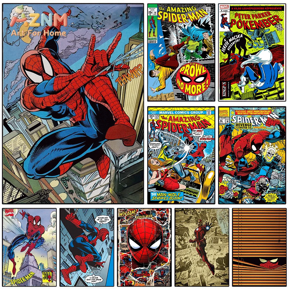 AZNM Spiderman City Web‑Slinging Jump Comic Canvas Wall Print, Vintage Superhero Urban Swing Comic Book Art Poster, Unframed C