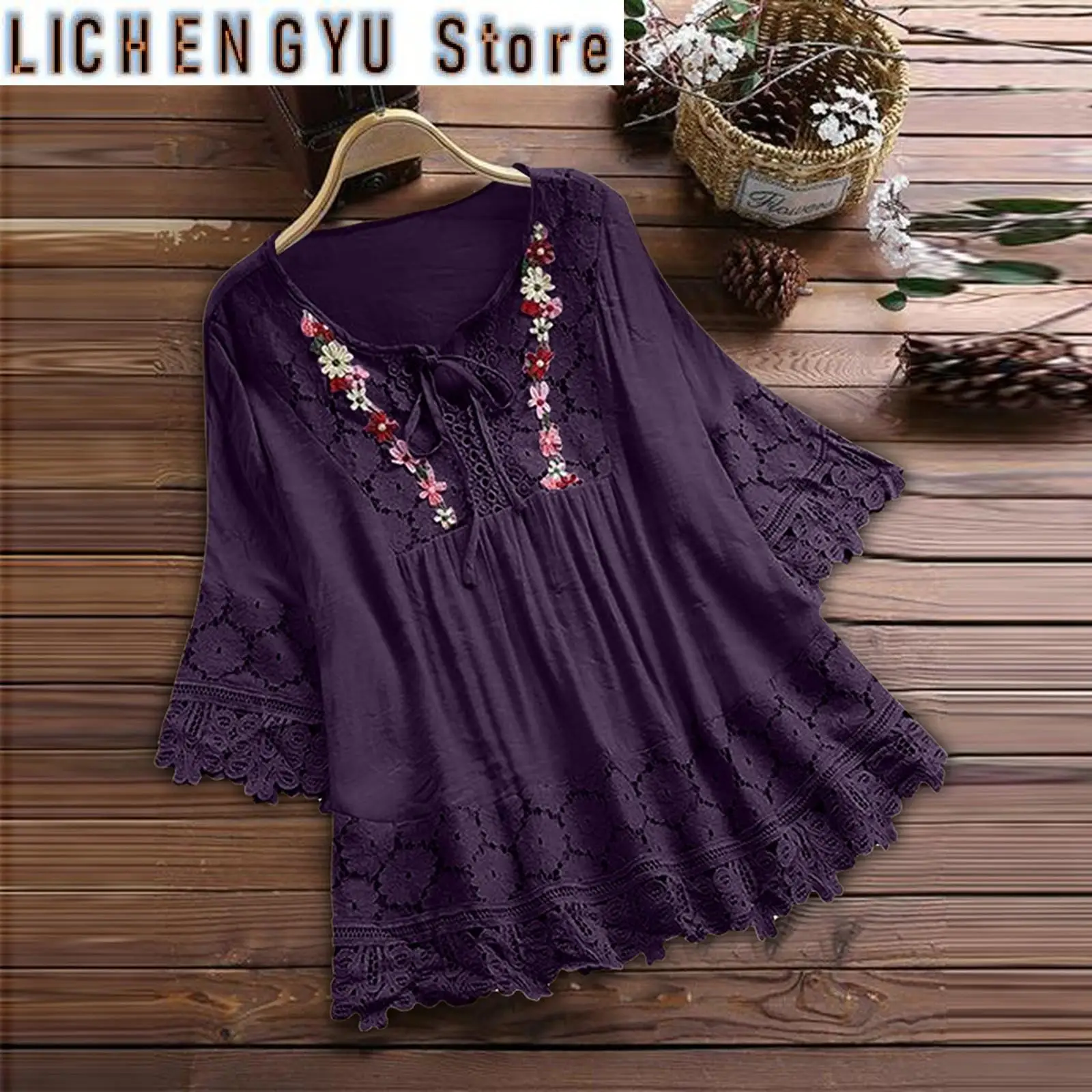 

Summer Blouses For Women Casual Bow Lace Shirt Vintage Patchwork V Neck Blouses Quarter Women Blusas Mujer Elegantes Y Juveniles