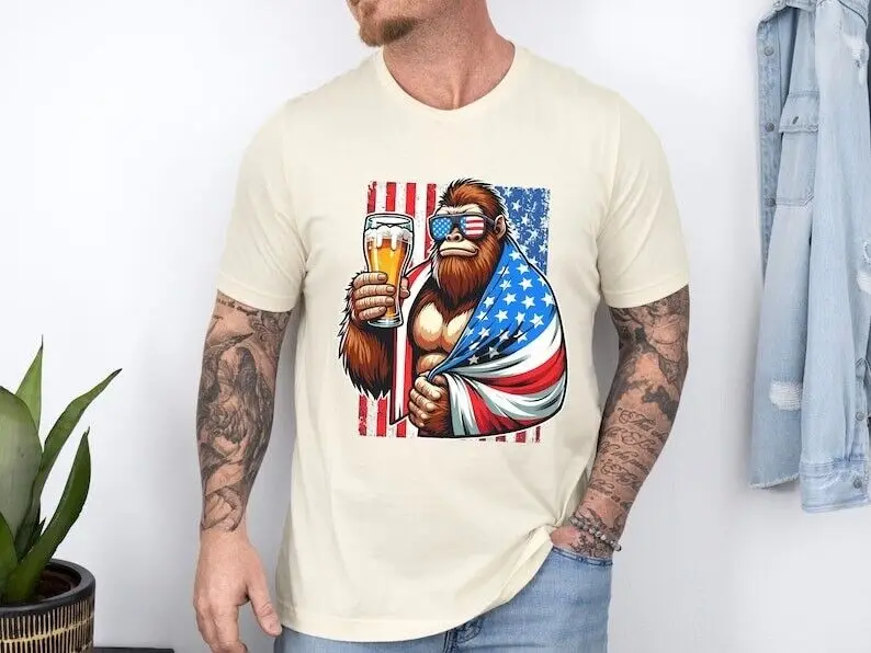 4th Of July Fourth Of July Beer Big Monkey Shirt USA Flag Independence T-Shirt For Men Women Summer Tees Vintage Oversized