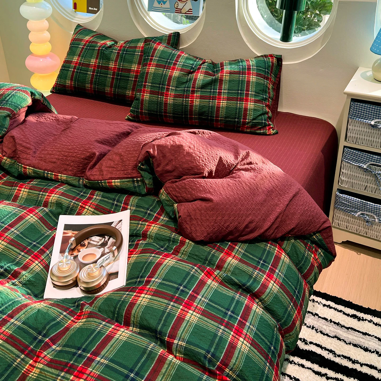 3/4PCS Green Red Grid Bedding Set Christmas Duvet Cover Set Sheet Set Comfortable for Home Bedroom Decor New Year Christmas Gift