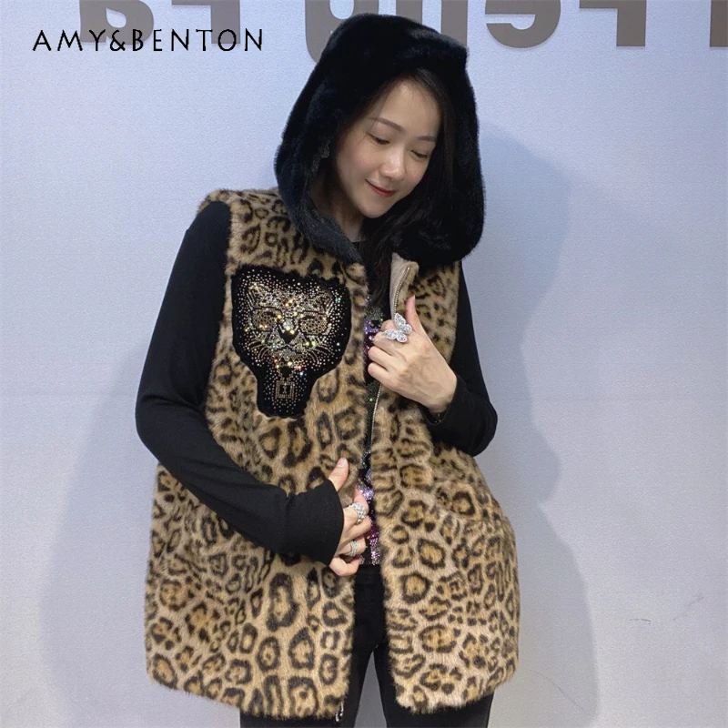 

Женская мода в американском стиле со стразами и капюшоном, повседневный жилет из искусственного меха, пальто из искусственного меха норки, теплый жилет, куртка для женщин