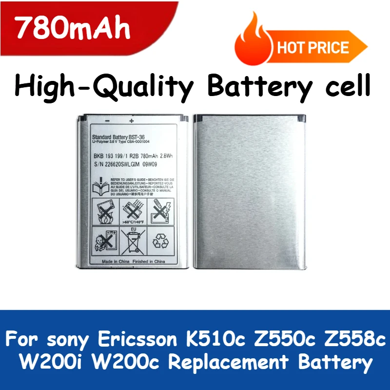 

780mAh BST-36 BST36 Phone Battery for Sony Ericsson K510c Z550c Z558c W200i W200c Replacement Battery