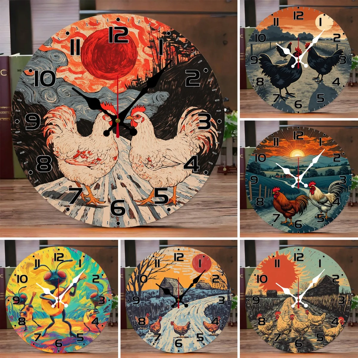 Animals Oil Painting Wooden Round Silent Hanging Wall Clock,Suitable for Living Room,Office,Study Room,Bedroom,Home Decoration