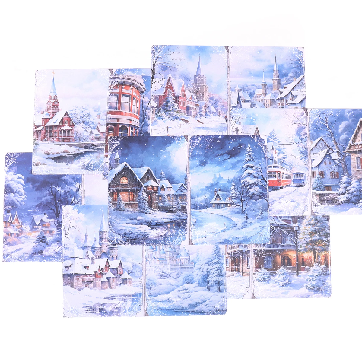 ロマンチックな雪のクリスマスをテーマにした紙、1パック8枚入り、家や雪の景色が描かれ、DIYスクラップブックの装飾に最適です。