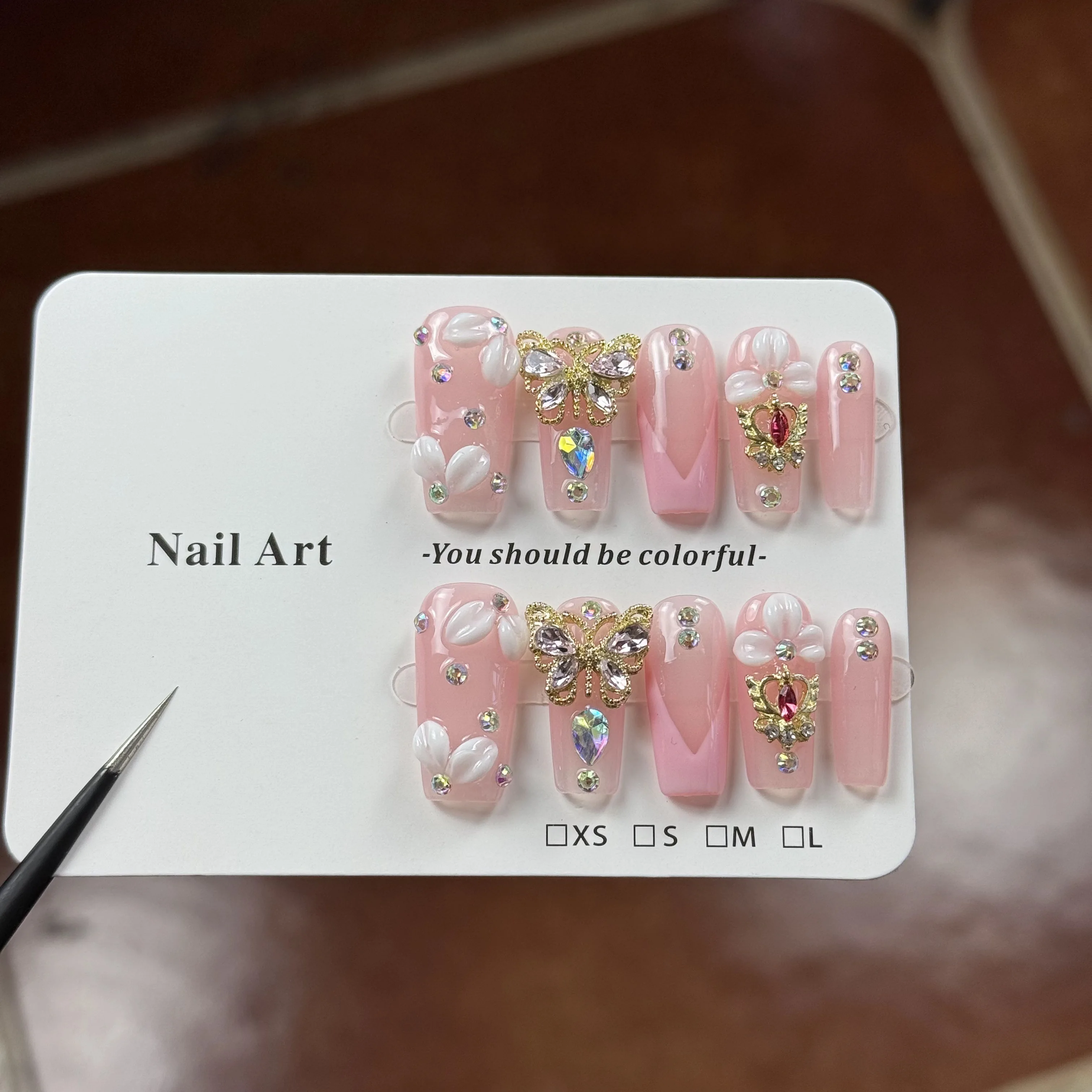 10pcs high-end Pink girl style, hand-carved, three-dimensional butterfly, heart, sparkling small diamonds handmade fake nails