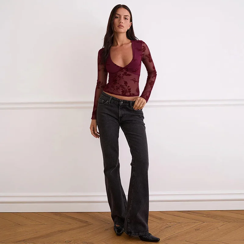 Sexy Slim Fit Long Sve V Ne Top Europäisches SLE Loose Fit Polyester Stoff Damen T-Shirt Thiened Herbstsaison