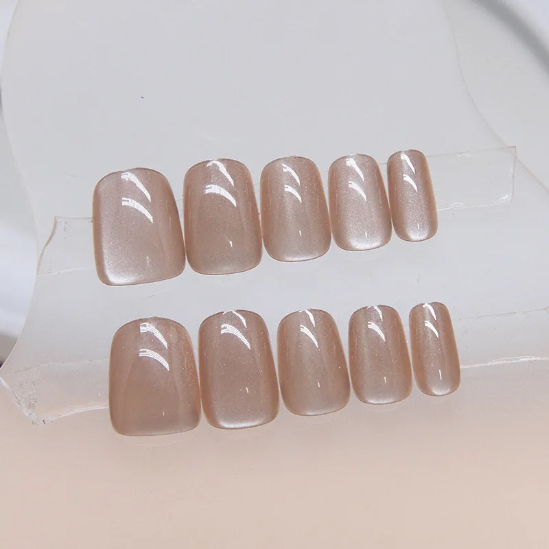 24pcs/set Cat Eye Nude Short Ballet Press on Nails Artificial Girls Short Cheap False Nails with Glue Stick-on Fake Nails Finger