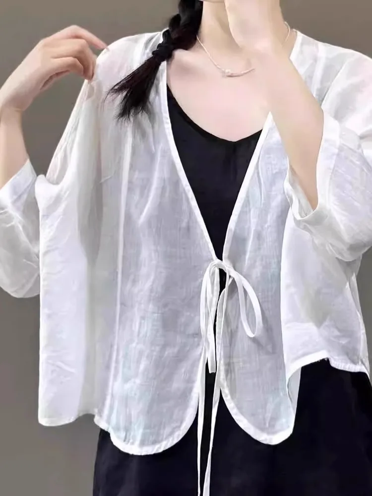 

White Silk Linen Sun Protection Shirt Women Long Sleeve Summer Match Halter Skirt Vintage Lightweight Shawl Cover up