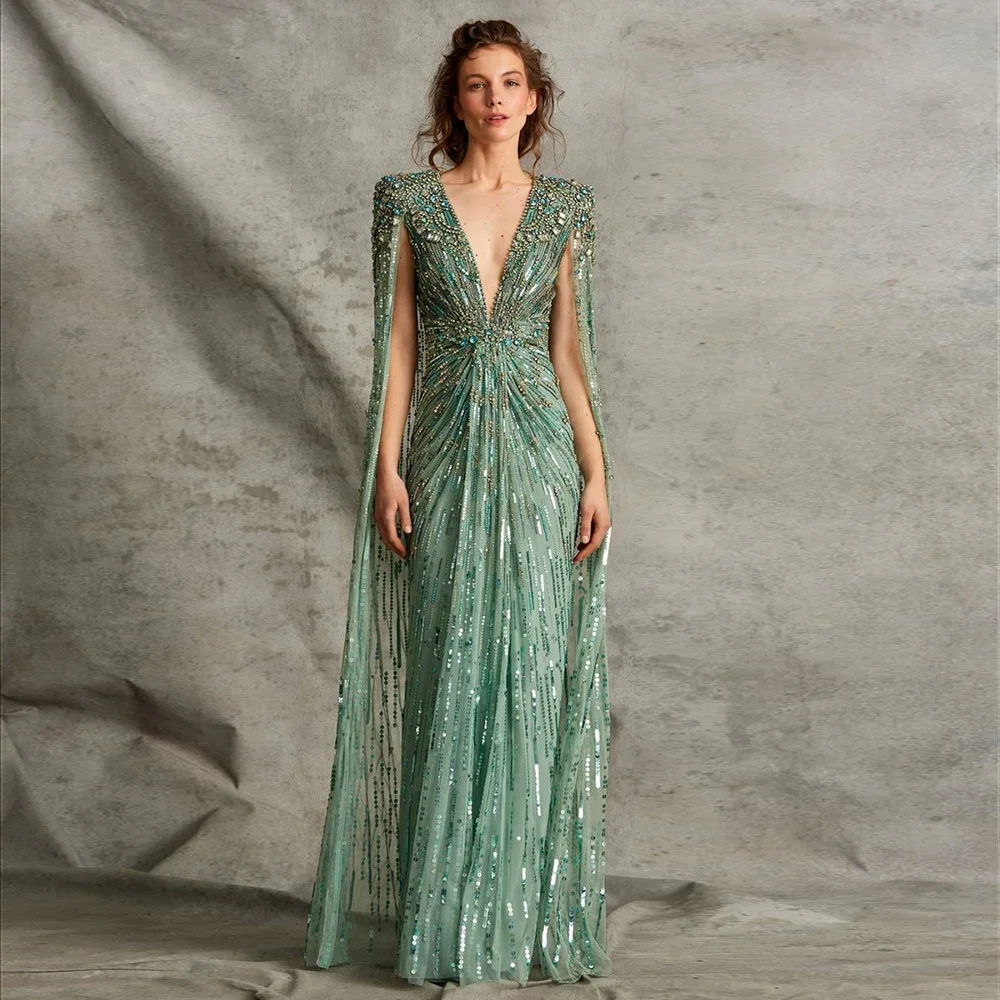 

Dubai Luxury Crystal Sage Green Evening Dresses with Cape Elegant Women Wedding Dress Party Gowns