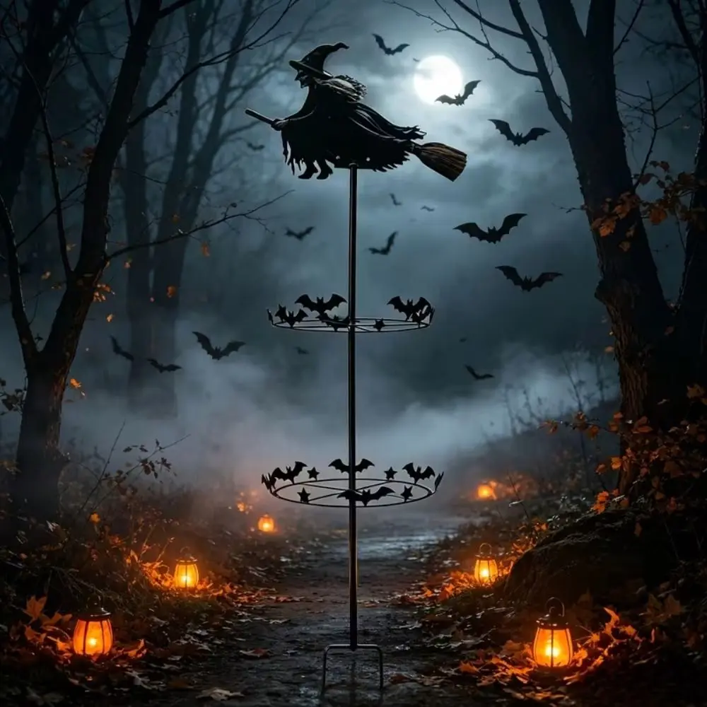 Witch and Bat Pattern Halloween Witch Garden Windmill Metal Halloween Lawn Ornament Halloween Windmill Garden Pole