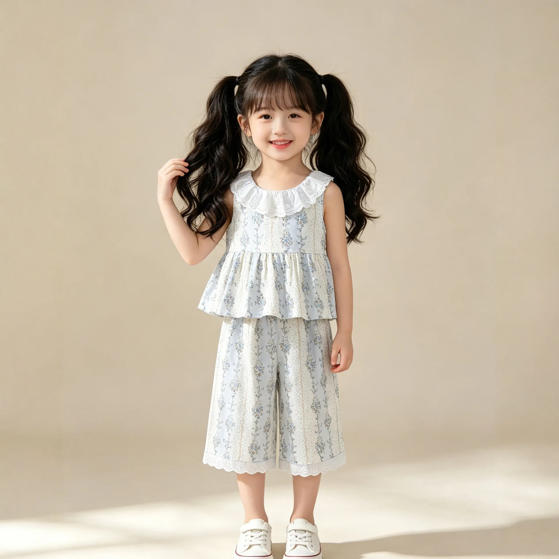 2026 Summer New Arrival Girl's Sleeveless Lace Ruffle Collar Set - Fresh Doll Sweater Wide Leg Pants Sweet and Cute
