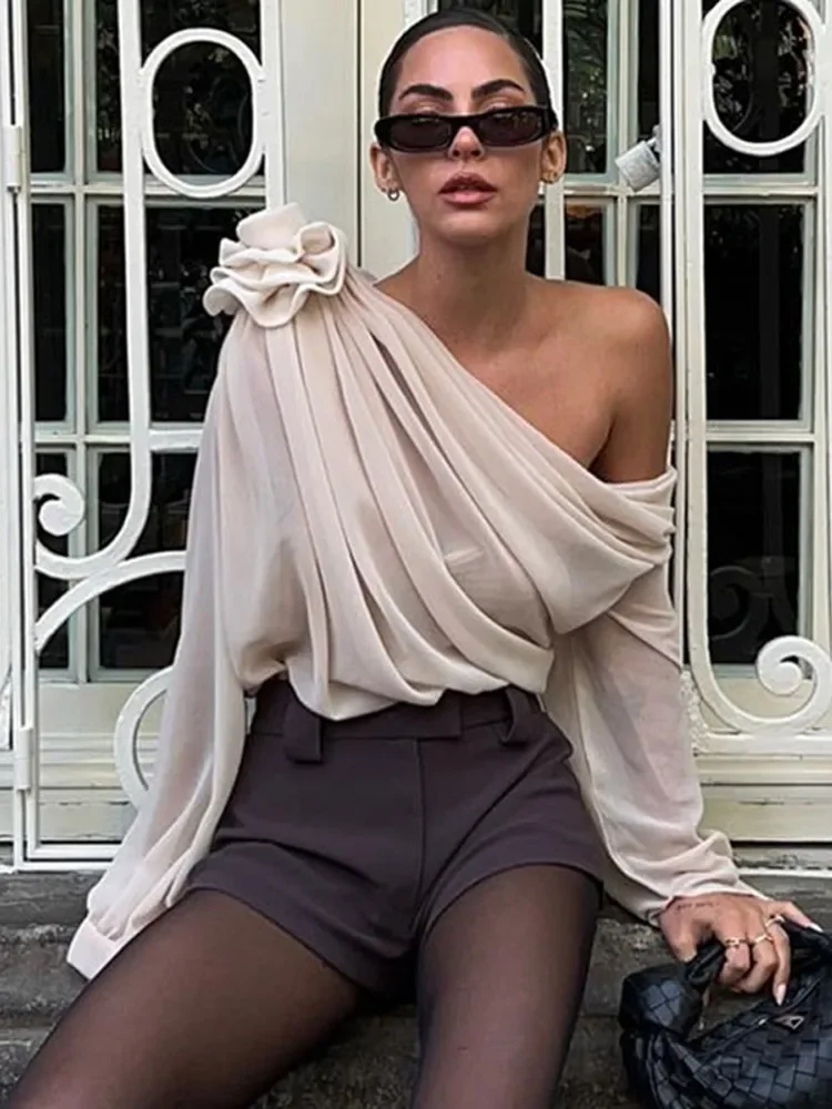 

Floral Pleated Solid Women Tops See Through Long Sleeve Skew Collar Female Pullovers 2024 Summer Fashion Sexy Elegant Party Top