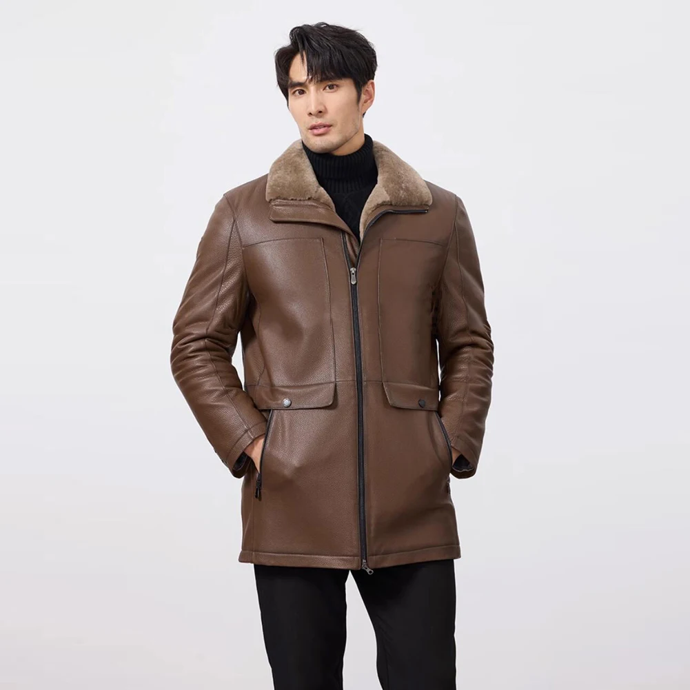 Denny&Dora Men's Genuine Shearling Leather Jacket B3 Aviator Bomber Coat - Brown Sheepskin Fur Lined Winter Warm Flight Jacket