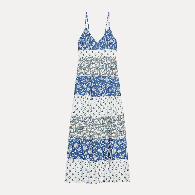 2025 verão novo feminino Faion Patchwork estampa em camadas Dr cintura alta Svel saia longa Sle Vaion tema poliéster...