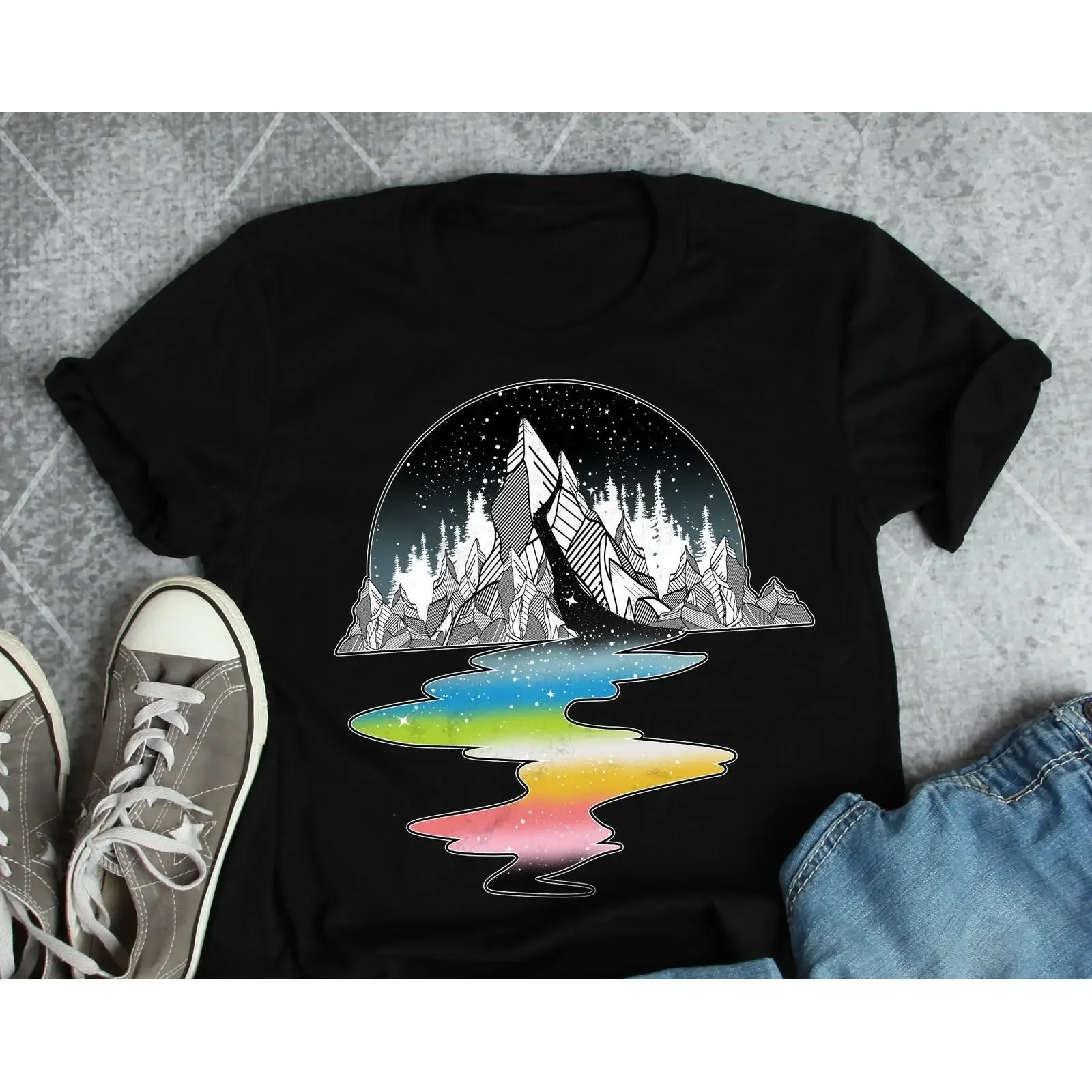 Queer Pride Starry Mountain Lake T shirt LGBT Gay Month Festival LGBTQ Genderqueer Transgender Casual Top vintage Washed
