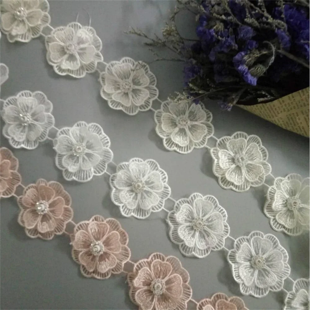 10x 3D Pearl Beaded Flower Embroidered Lace Trim Ribbon Floral Applique Patches Dress Fabric Sewing Craft Vintage 5.5X5.5cm