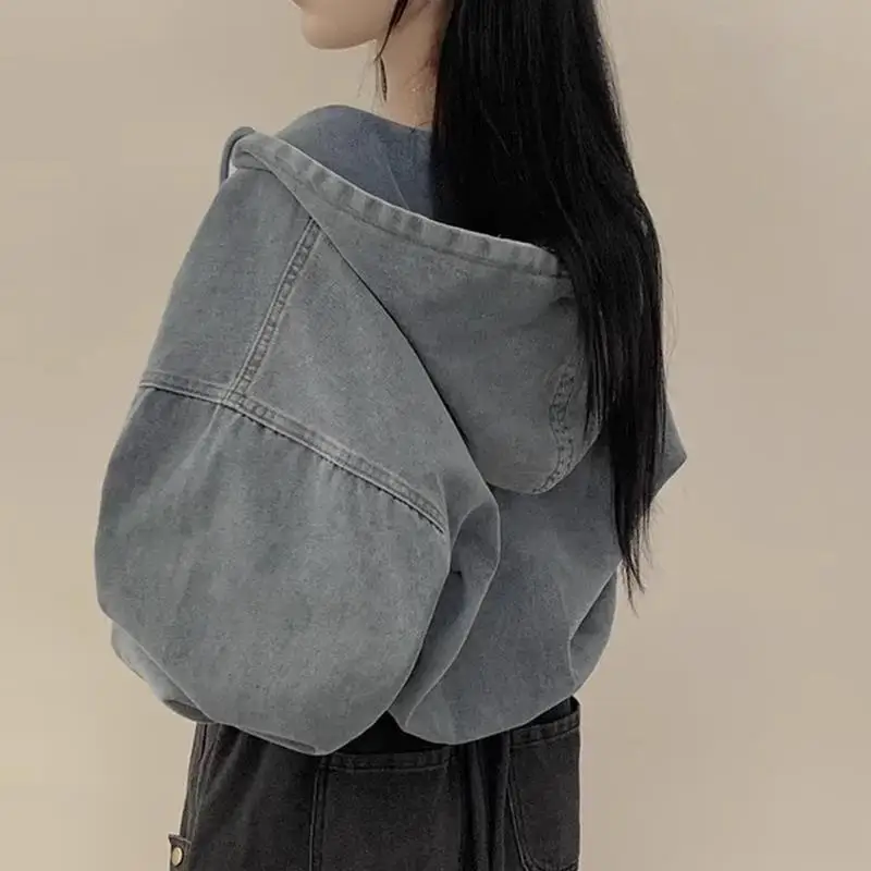 سترات ماتاكاوا من قماش الدنيم للنساء بقلنسوة للربيع والخريف موضة كورية متينة سترات كلاسيكية فضفاضة بسحّاب ملابس علوية من Ropa De Mujer #5