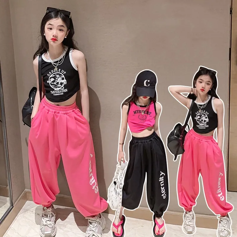 

Hip Hop Girls Slim Vest Top Pink Joggers Pants Child Princess tracksuit Streetwear Clothes Sets Kids Street Dance Jazz Costumes