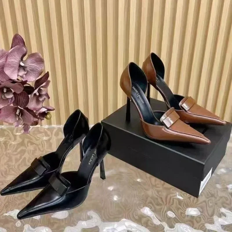 10cm Metal Blade Pointed Toe Stiletto Heels Pumps Coffee Brown Retro Fashion Dress Shoes Woman Thin High Heels Designer