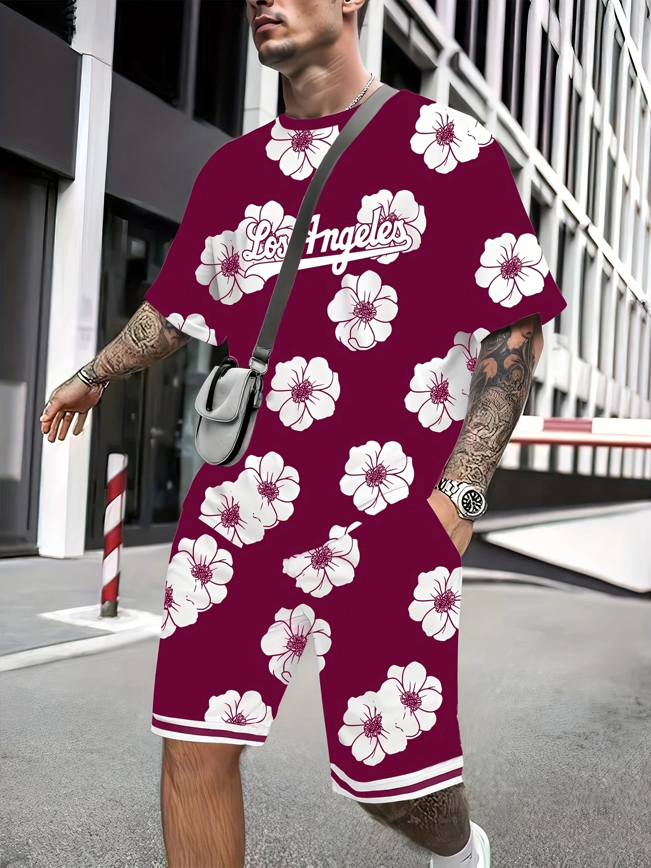 

2025 summer men's flower printing casual trend T-shirt shorts set breathable quick drying comfortable sports men's suit clothing