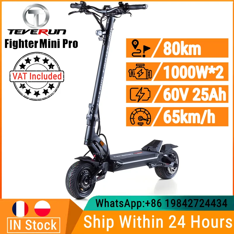 EU Stock Original Teverun Fighter Mini Pro Electric Scooter 60V 25Ah Smart BMS APP 65km/h Speed Kickscooter Dual Motor 1000W*2