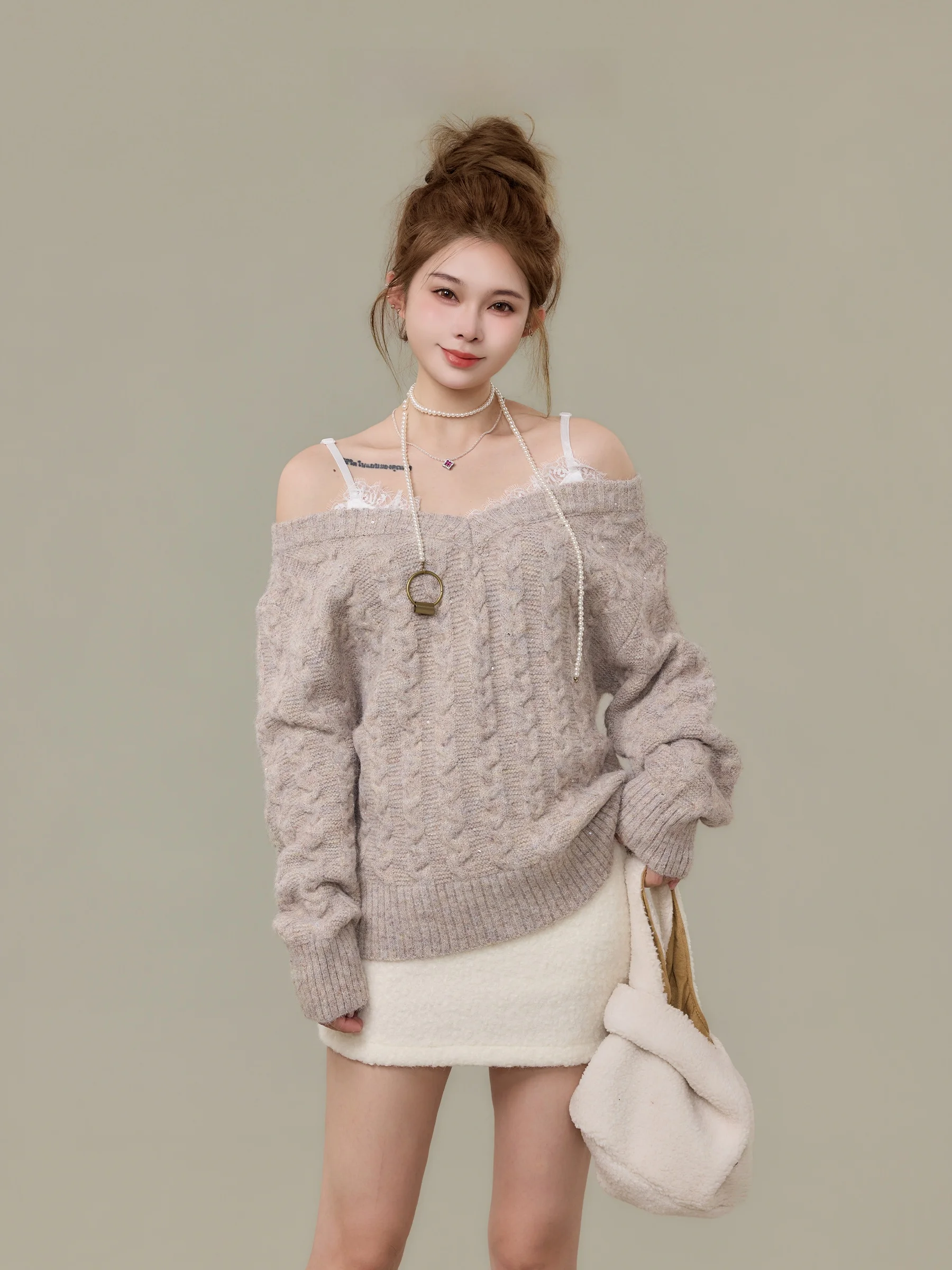 

Lace Trim Loose Knitted One-oulder Sweater Women's Faion Winter New Sle Soft Cleanfit Bright Sequin Bal Sle