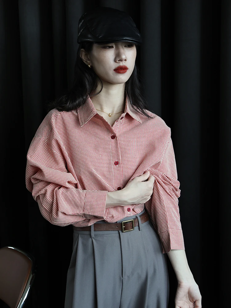 

Retro Commuter Red Long Sve Plaid irt Women Casual Loose Design Faionable Versatile Outerwear Top Cotton Blend Fabric