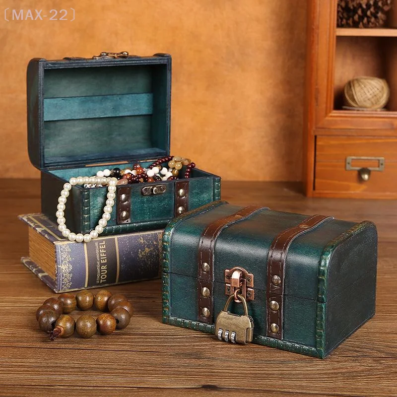 MAX-22Retro Wooden Storage Box With Lock Retro Treasure Jewelry Necklace Postcard And Small Objects Storage Case Trinket Chest