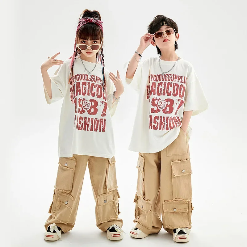 Girl Boy Jazz Dance Costume Clothes Kid Hip Hop Clothing White Graphic Tee Oversized T Shirt Khaki Wide Pocket Cargo Pants