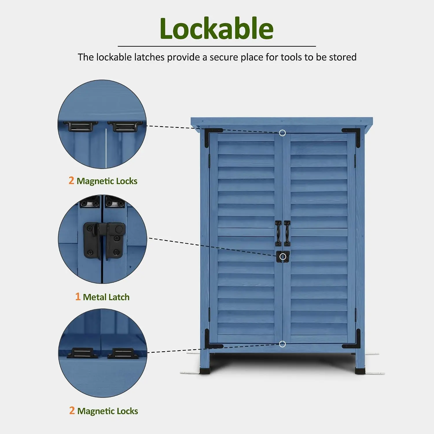 Small Wood Outdoor Storage Cabinet 24.6x18.3x38.2 In Garden Tool Shed Asphalt Roof Removable Shelf 2 Doors 4 Metal Feet Nails for Patio Porch Blue - view 6