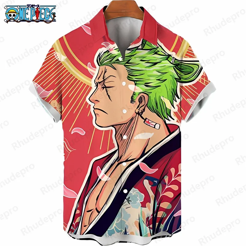 Stylisches Einteiliges Hawaii-Hemd für Herren mit Luffy-Druck, Kurzarm, Locker Geschnitten, Lässige Anime-Kinderkleidung, Tropisches Urlaubshemd