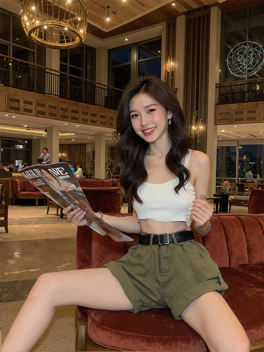 Pantaloncini verdi in denim Gonna a pieghe da donna Office Lady Elegante bottone Classico Pantaloni corti Dimagranti Chic Preppy Elegante femminile