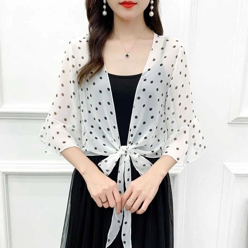 Korean Dot Printing Sun Clothing Women Chiffon Transparent Sunscreen Shawl Summer Blouse Cape Knotted Cloak Neck Guard Scarf R14