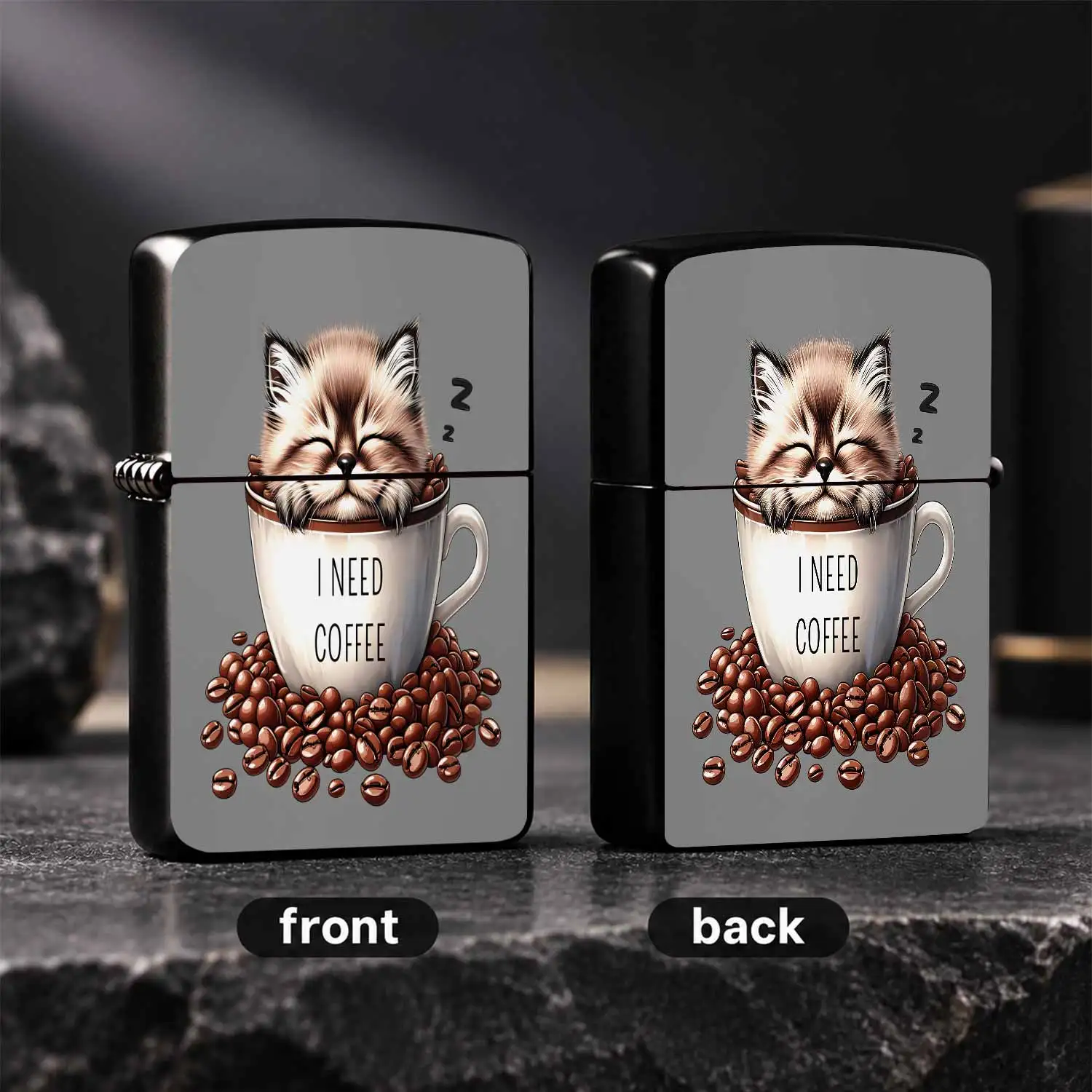 Cute Sleepy Kitten Coffee Themed Lighter, Adorable Fluffy Cat Napping In Coffee Cup Design Printed With I Need Coffee, Portable Stylish Daily Use Ignition Tool, Ideal Quirky Present For Coffee Cat Lovers, Fits Casual Ho A Humorous And Inter