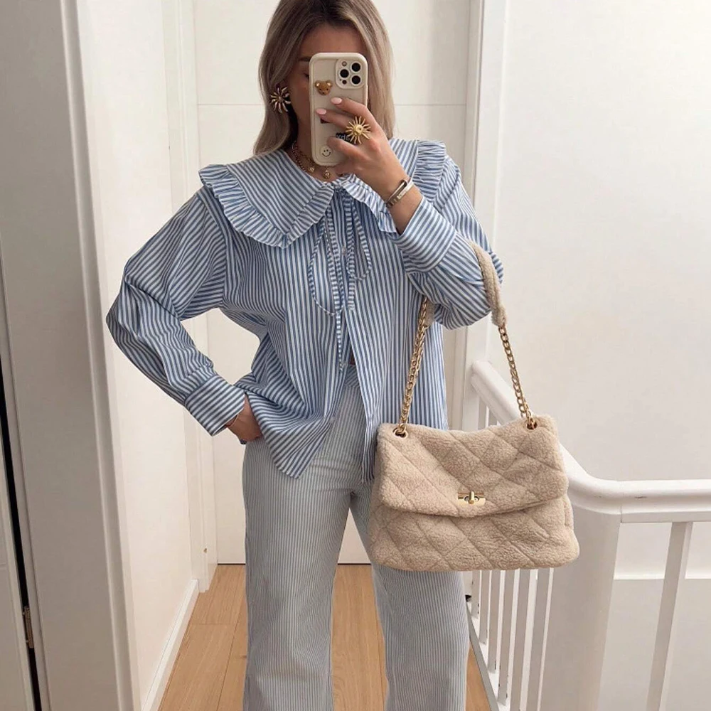 

Women's Doll Collar Striped Shirt with Strap Up Long Sleeve Decoration for Spring/Summer Casual Women's Wear