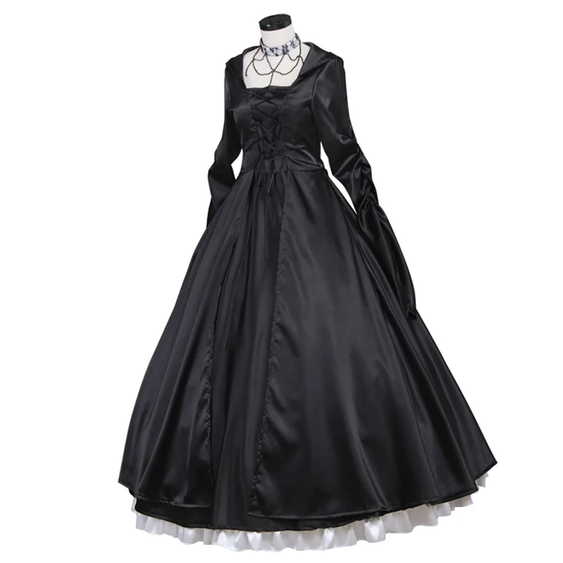 1860s Victorian Rococo Black Long Sleeves Dress Inspiration Maiden Costume Bridal Ball Gown Women's Dress