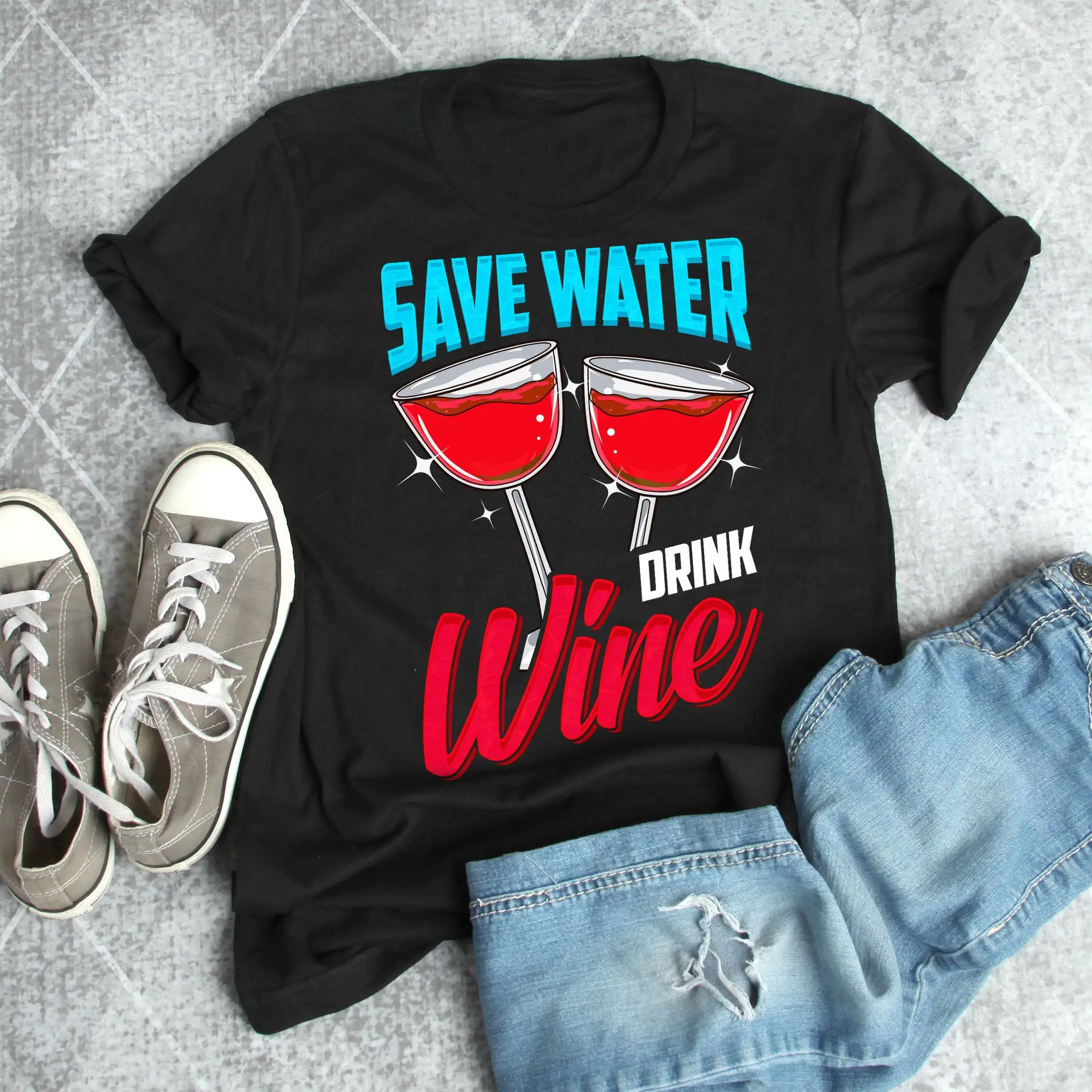 Funny Wine T Shirt Lover For Him Her Birthday Top Save Water Drink Grey