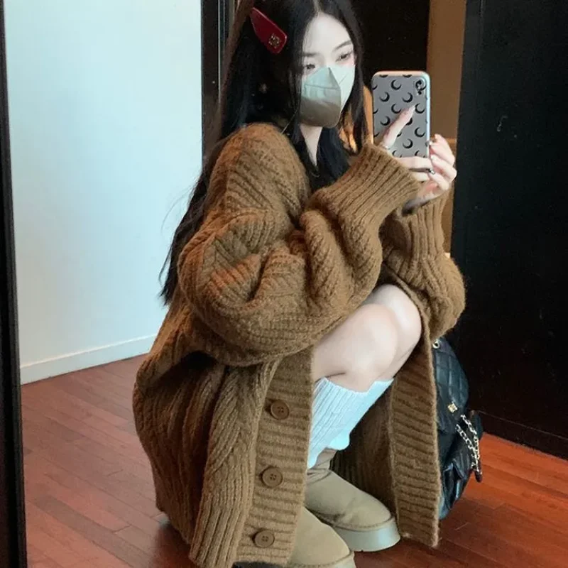 

Korean Style Lazy Autumn and Winter Solid Color V-neck Long-sleeved Knitted Sweater Cardigan Jacket