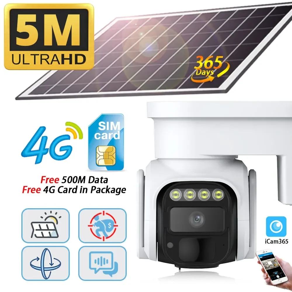 

Умная SIM-камера безопасности 4G, IP-камера, солнечная панель, уличная 360° ° 5-мегапиксельная HD-камера видеонаблюдения, беспроводная камера видеонаблюдения 4G с аккумулятором PTZ