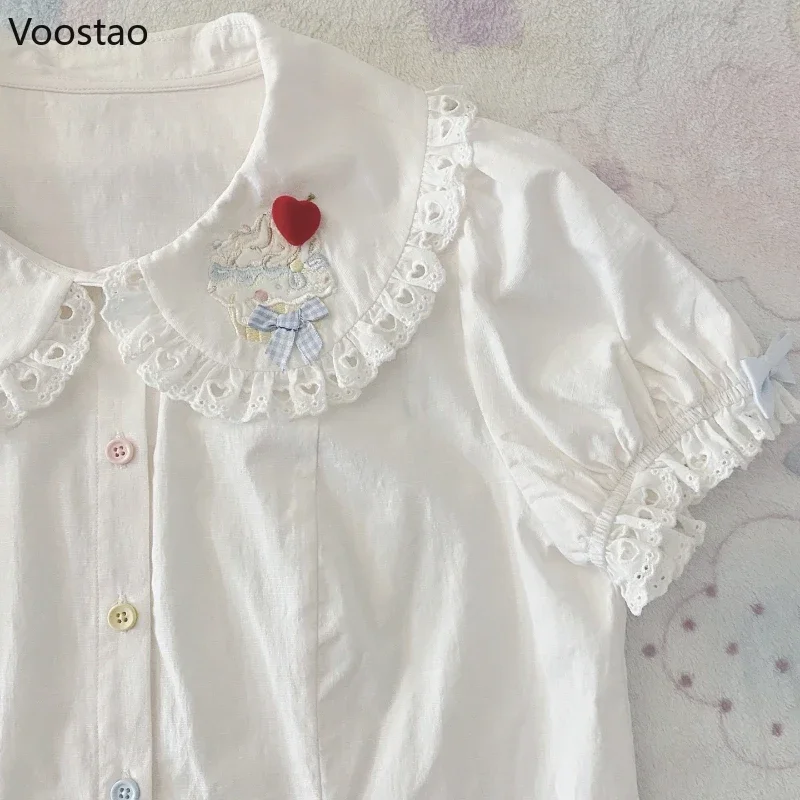 Sweet Lolita Style Shirts Women Kawaii Bow Peter Pan Collar Embroidery Casual Blouses Summer Cute Lace Ruffles Puff Sleeve Tops