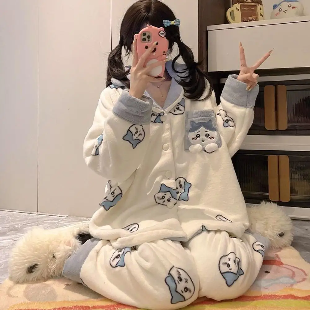 Cute Chiikawa Usagi Coral Velvet Pajamas Set Winter Women's Velvet Thicken Flannel Home Clothes Student Cartoon Loungewear Warm