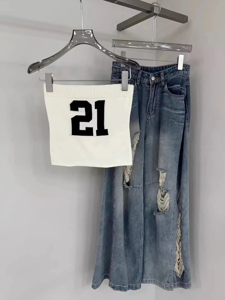 REDDACHiC Conjunto de pantalones y top de tubo para mujer, número informal # 21 Chaleco de punto, pantalones vaqueros holgados rasgados de tiro bajo, novedad en ropa de calle de Corea