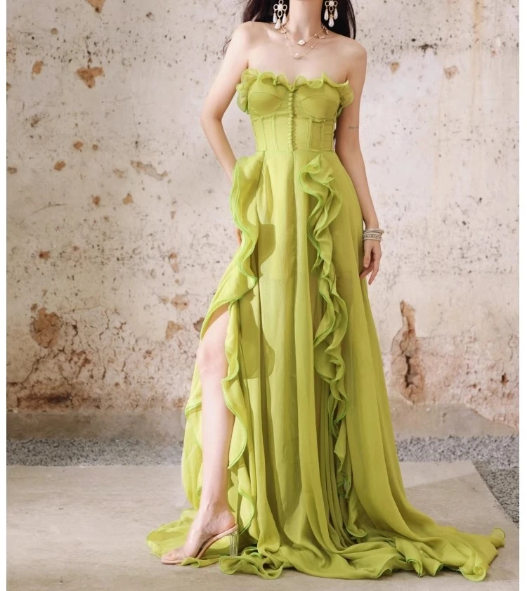 green strapless sleeveless elegant women dress lace-up summer holiday party clothing lady ruffles maxi vestidos bodycon