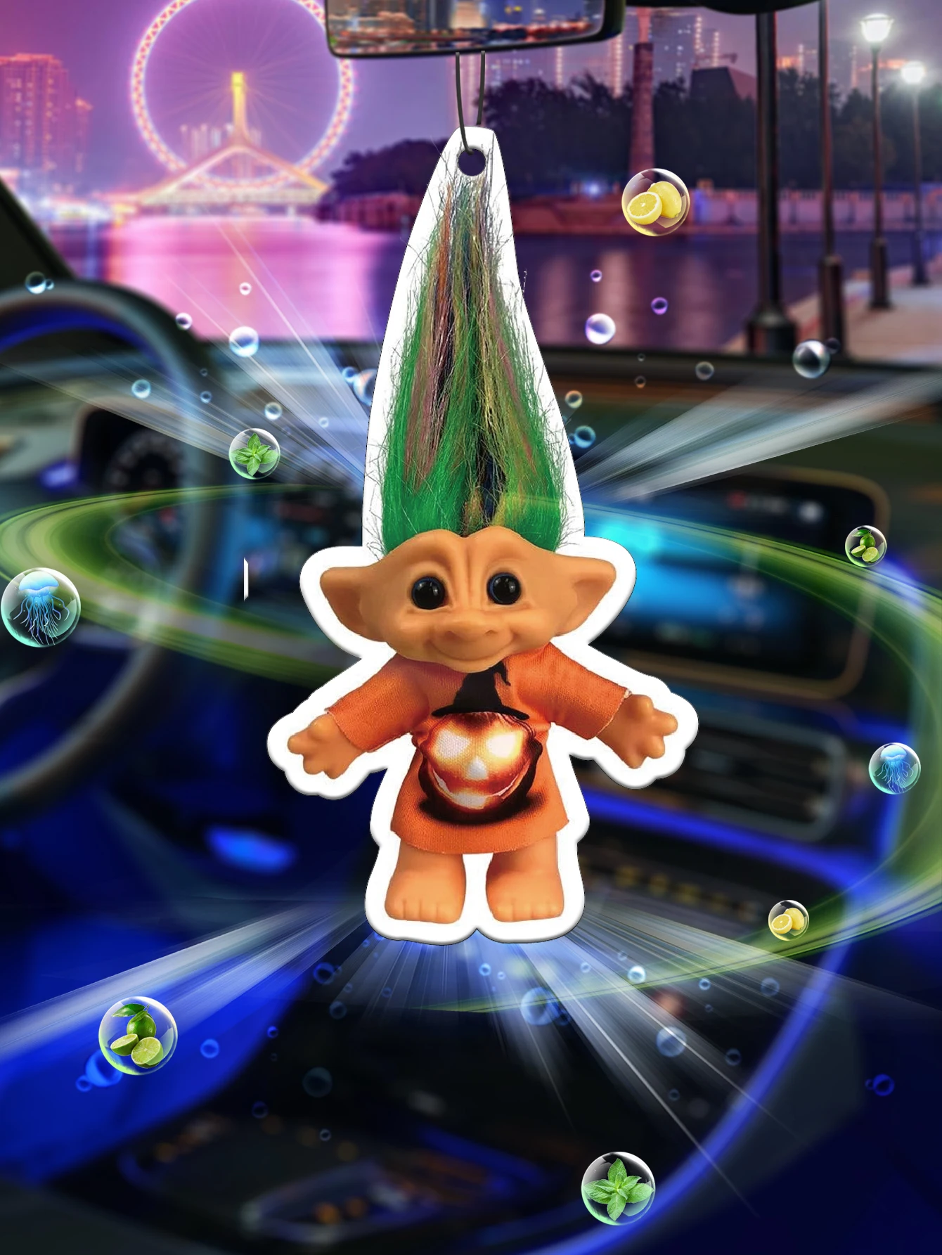 Halloween Troll Doll Hanging Car Air Freshener, Natural Plant Extract Scented Paper Air Fragrance, Alcohol-Free Non-Toxic Odor E